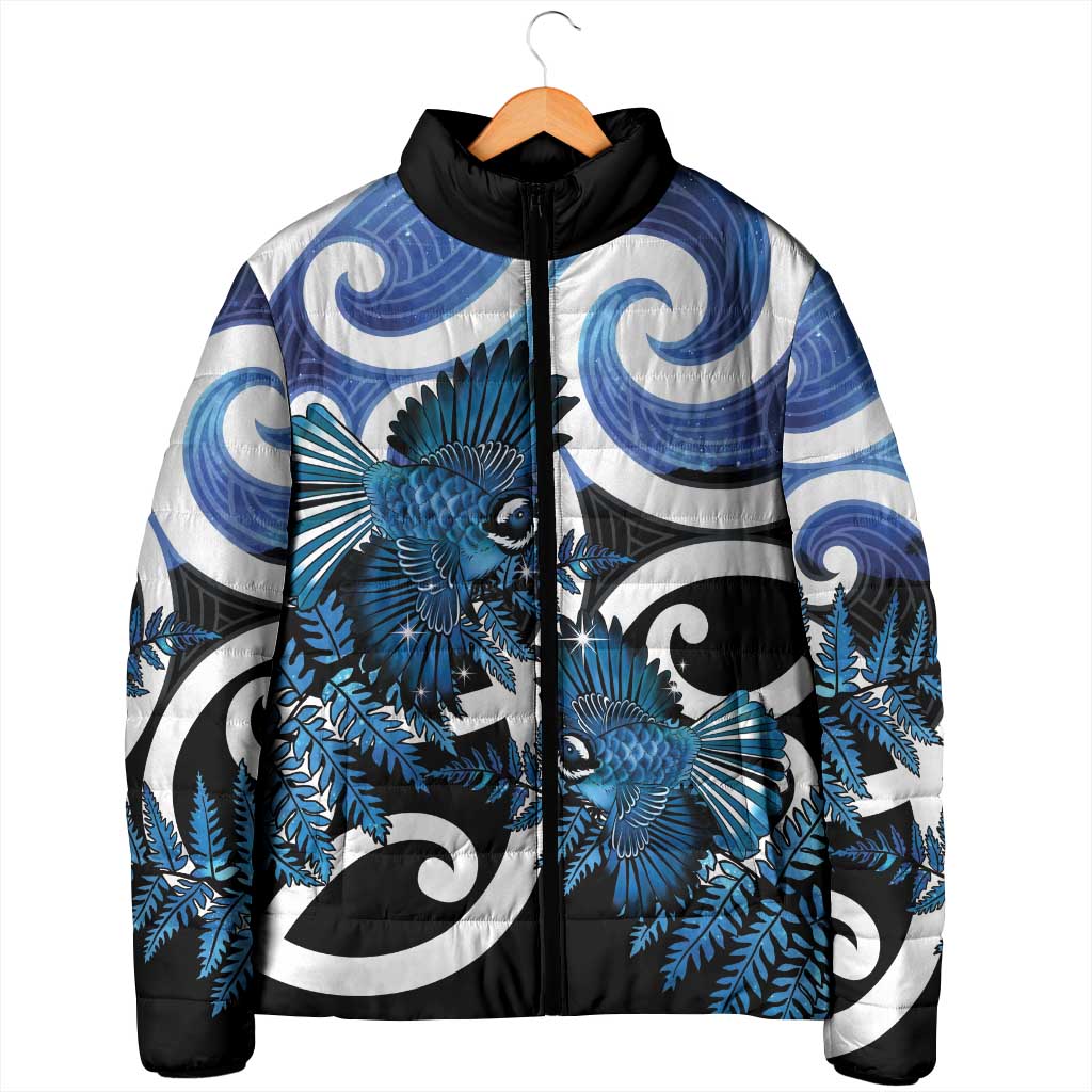 Piwakawaka New Zealand Matariki Padded Jacket Maori New Year Silver Fern Blue Galaxy