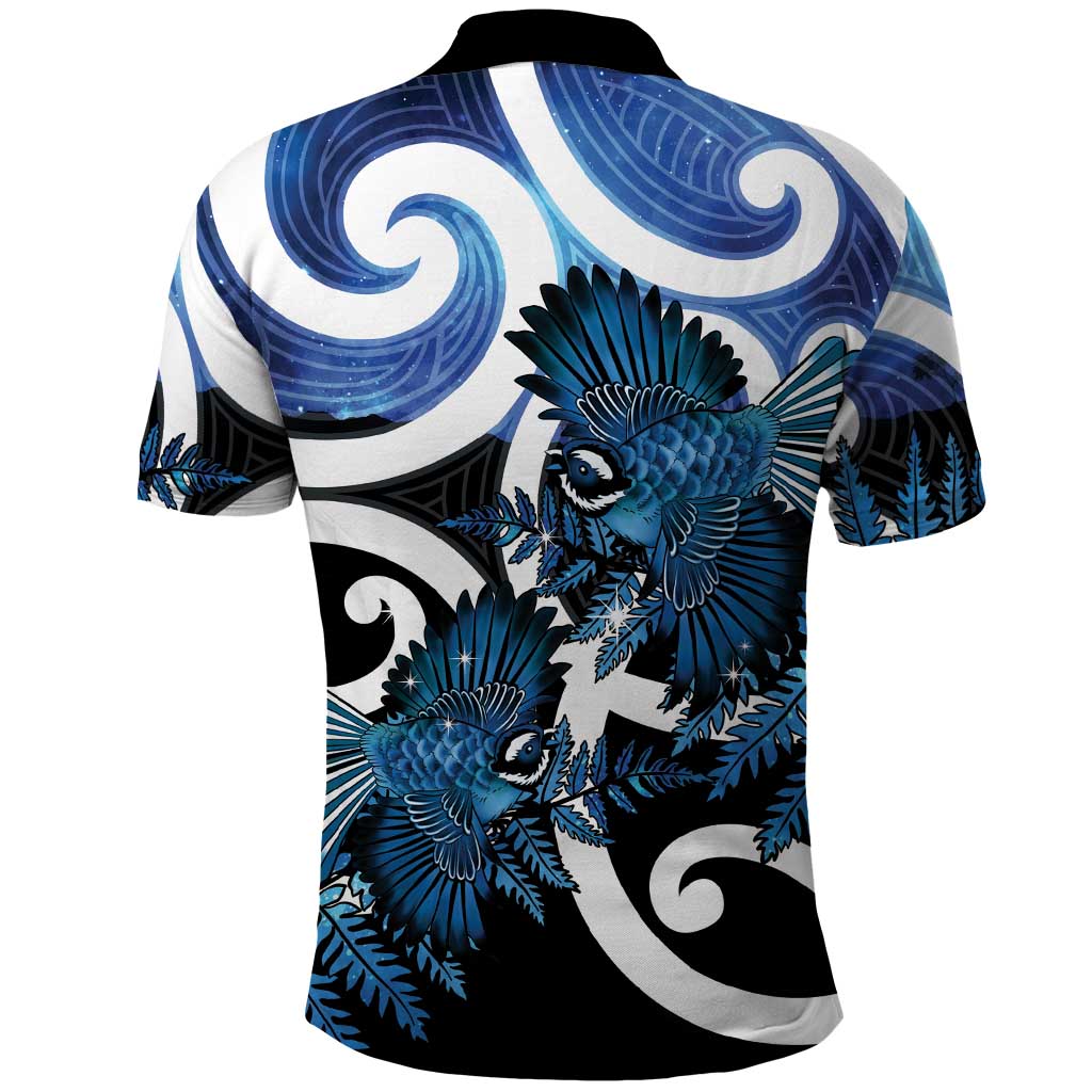 Piwakawaka New Zealand Matariki Polo Shirt Maori New Year Silver Fern Blue Galaxy