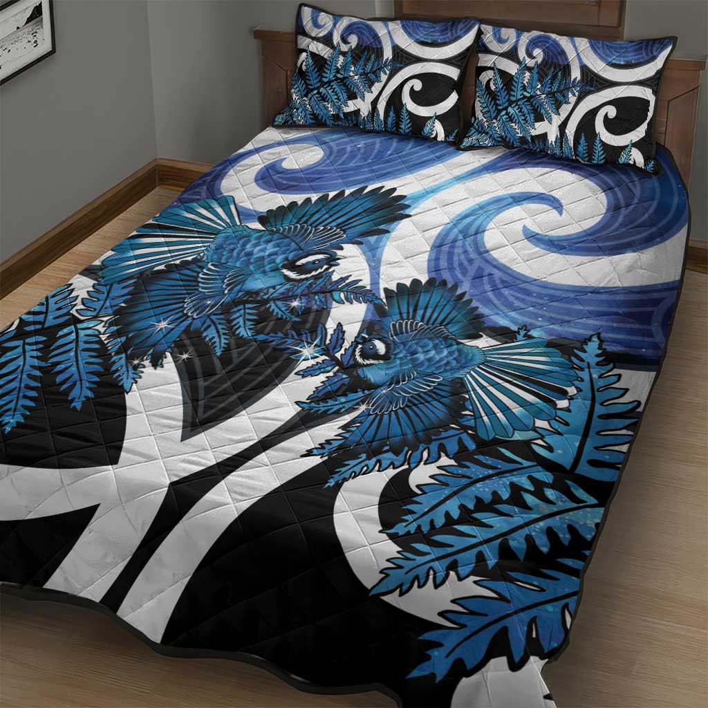 Piwakawaka New Zealand Matariki Quilt Bed Set Maori New Year Silver Fern Blue Galaxy