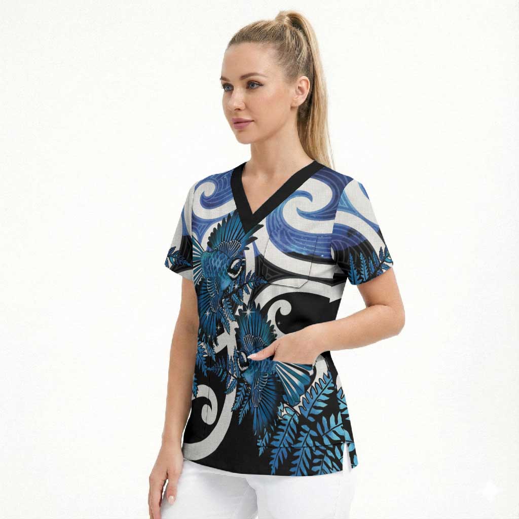 Piwakawaka New Zealand Matariki Scrub Top Maori New Year Silver Fern Blue Galaxy