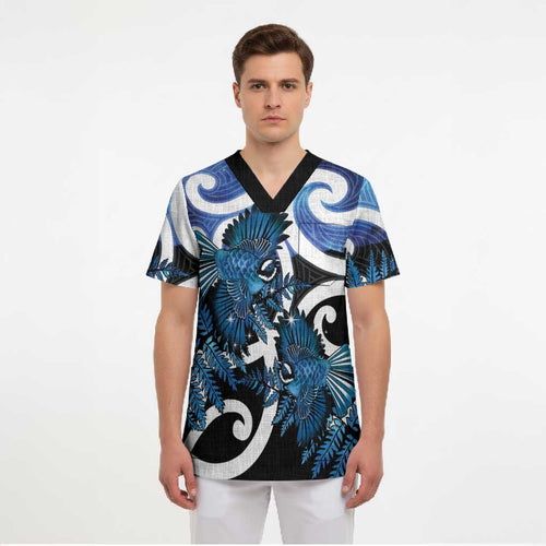Piwakawaka New Zealand Matariki Scrub Top Maori New Year Silver Fern Blue Galaxy