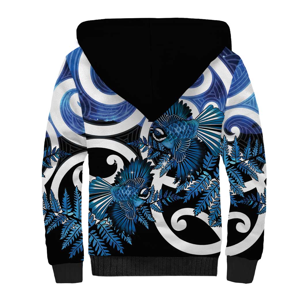 Piwakawaka New Zealand Matariki Sherpa Hoodie Maori New Year Silver Fern Blue Galaxy