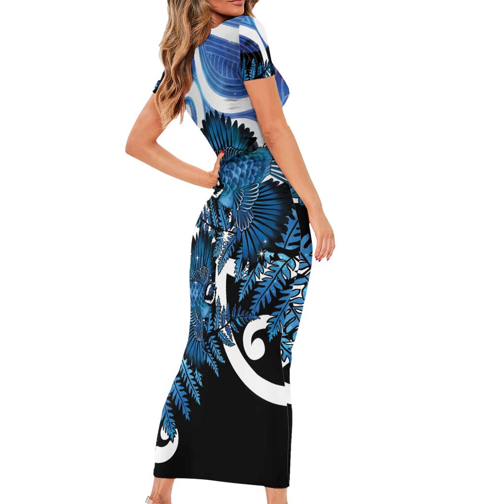Piwakawaka New Zealand Matariki Short Sleeve Bodycon Dress Maori New Year Silver Fern Blue Galaxy