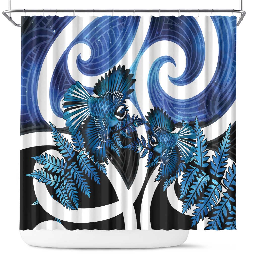 Piwakawaka New Zealand Matariki Shower Curtain Maori New Year Silver Fern Blue Galaxy