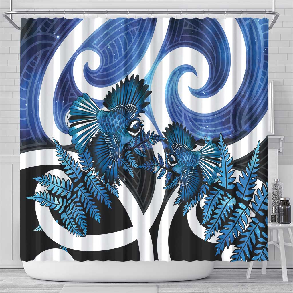 Piwakawaka New Zealand Matariki Shower Curtain Maori New Year Silver Fern Blue Galaxy