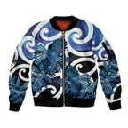 Piwakawaka New Zealand Matariki Sleeve Zip Bomber Jacket Maori New Year Silver Fern Blue Galaxy
