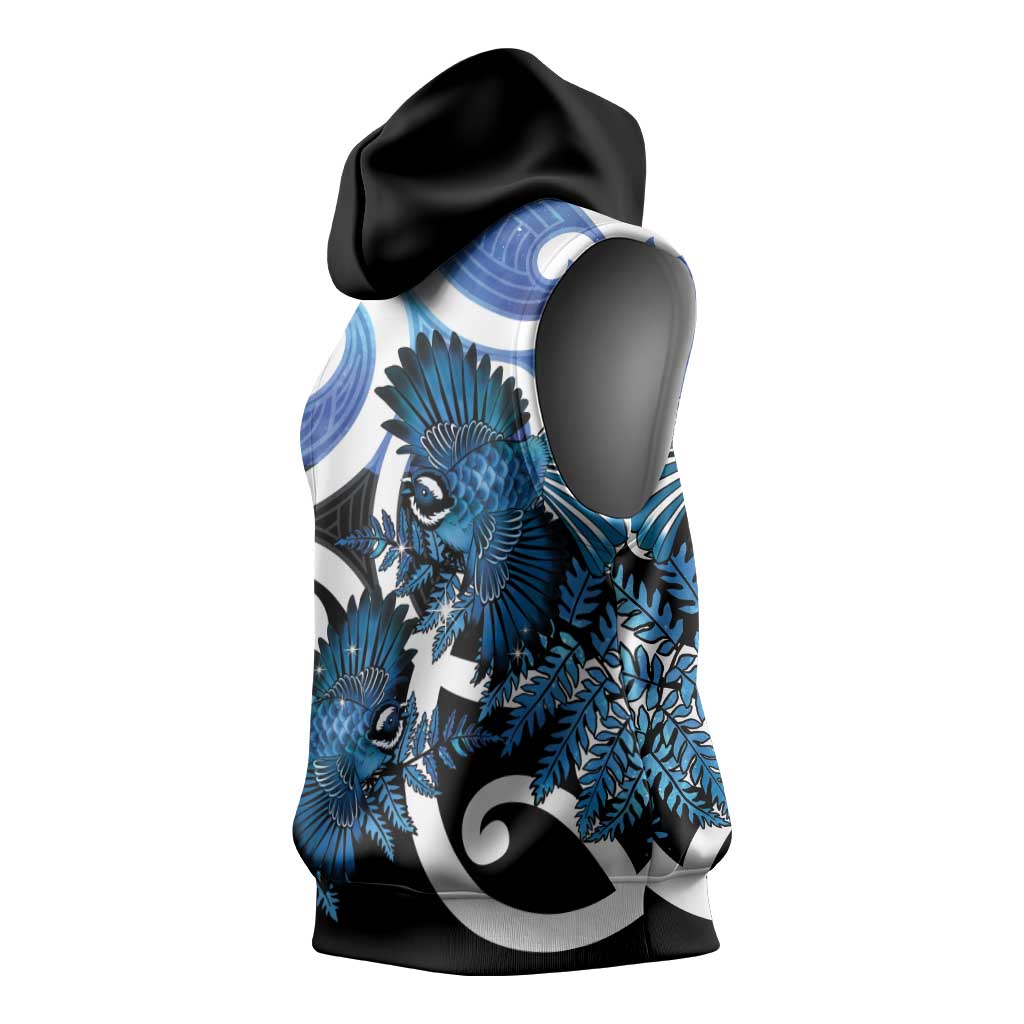 Piwakawaka New Zealand Matariki Sleeveless Hoodie Maori New Year Silver Fern Blue Galaxy
