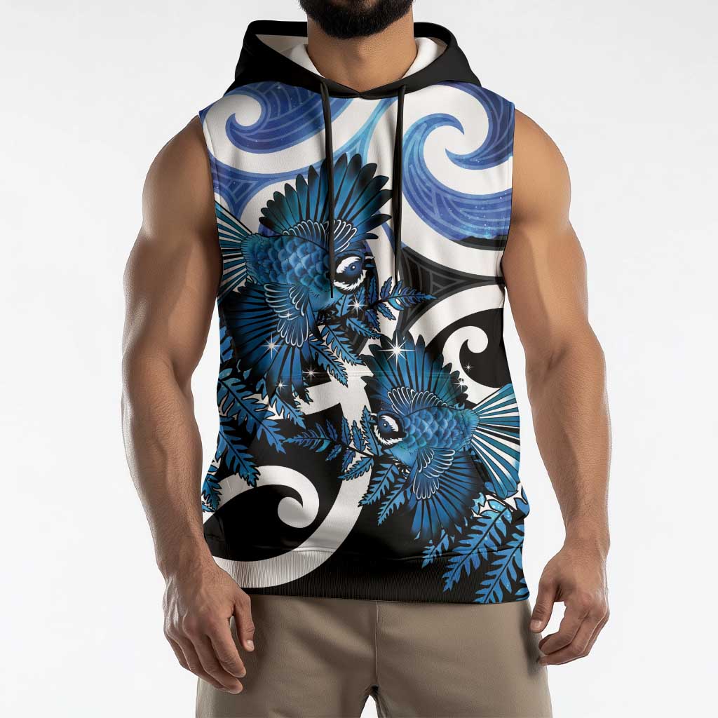 Piwakawaka New Zealand Matariki Sleeveless Hoodie Maori New Year Silver Fern Blue Galaxy
