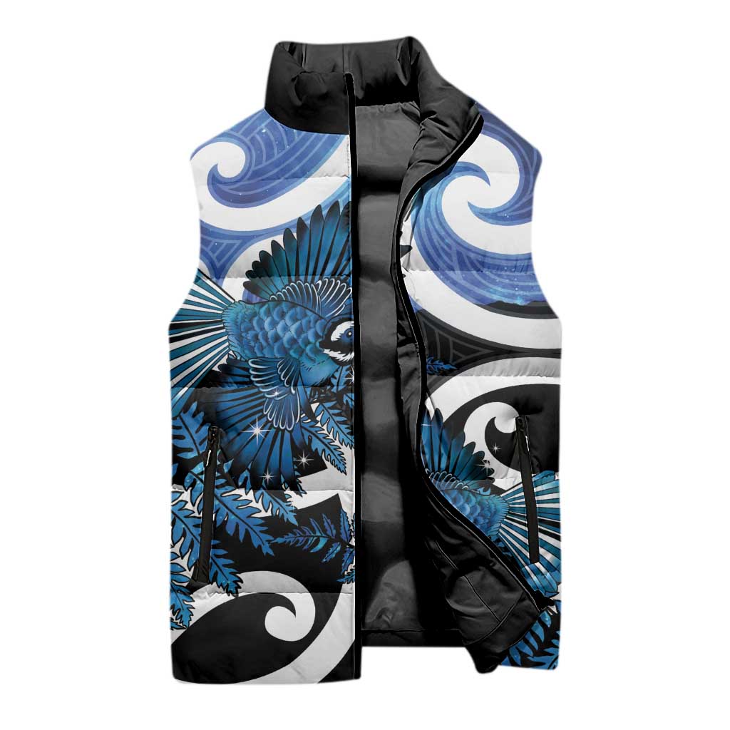 Piwakawaka New Zealand Matariki Sleeveless Puffer Jacket Maori New Year Silver Fern Blue Galaxy