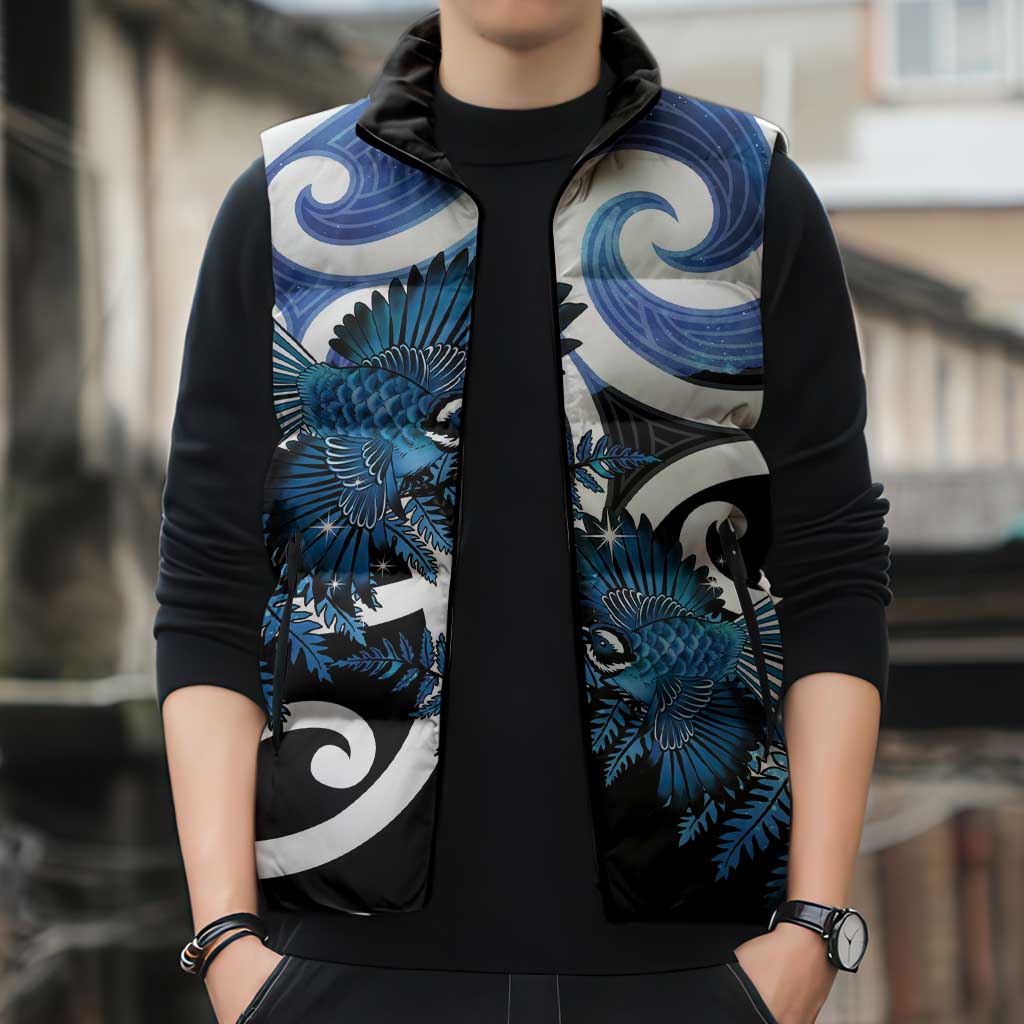 Piwakawaka New Zealand Matariki Sleeveless Puffer Jacket Maori New Year Silver Fern Blue Galaxy