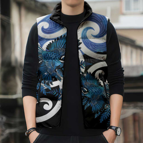 Piwakawaka New Zealand Matariki Sleeveless Puffer Jacket Maori New Year Silver Fern Blue Galaxy