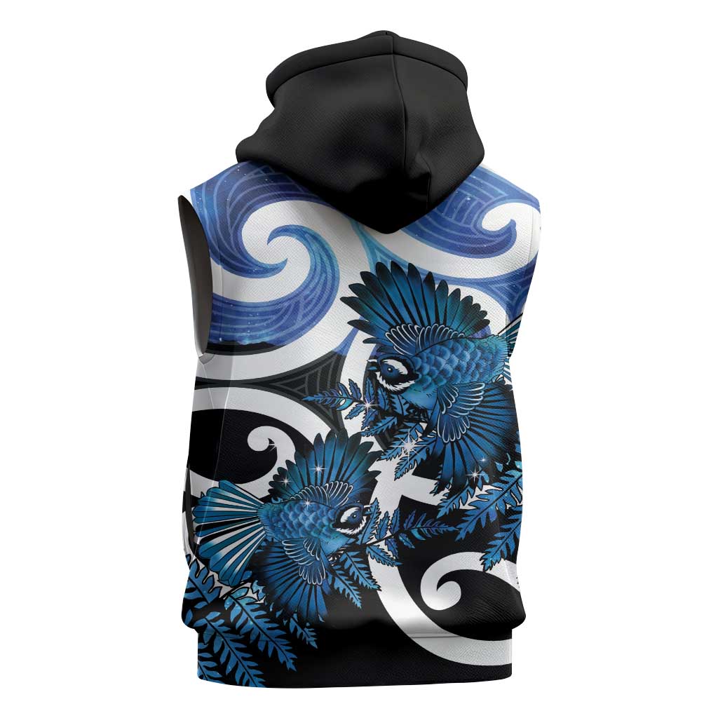 Piwakawaka New Zealand Matariki Sleeveless Zip Hoodie Maori New Year Silver Fern Blue Galaxy