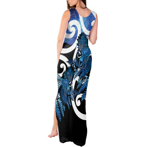 Piwakawaka New Zealand Matariki Tank Maxi Dress Maori New Year Silver Fern Blue Galaxy