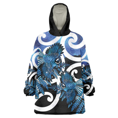 Piwakawaka New Zealand Matariki Wearable Blanket Hoodie Maori New Year Silver Fern Blue Galaxy