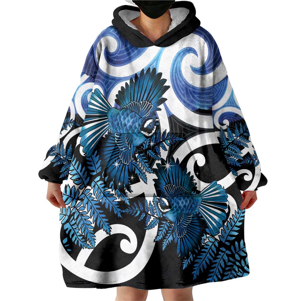 Piwakawaka New Zealand Matariki Wearable Blanket Hoodie Maori New Year Silver Fern Blue Galaxy