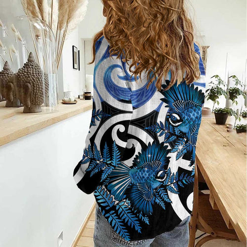 Piwakawaka New Zealand Matariki Women Casual Shirt Maori New Year Silver Fern Blue Galaxy
