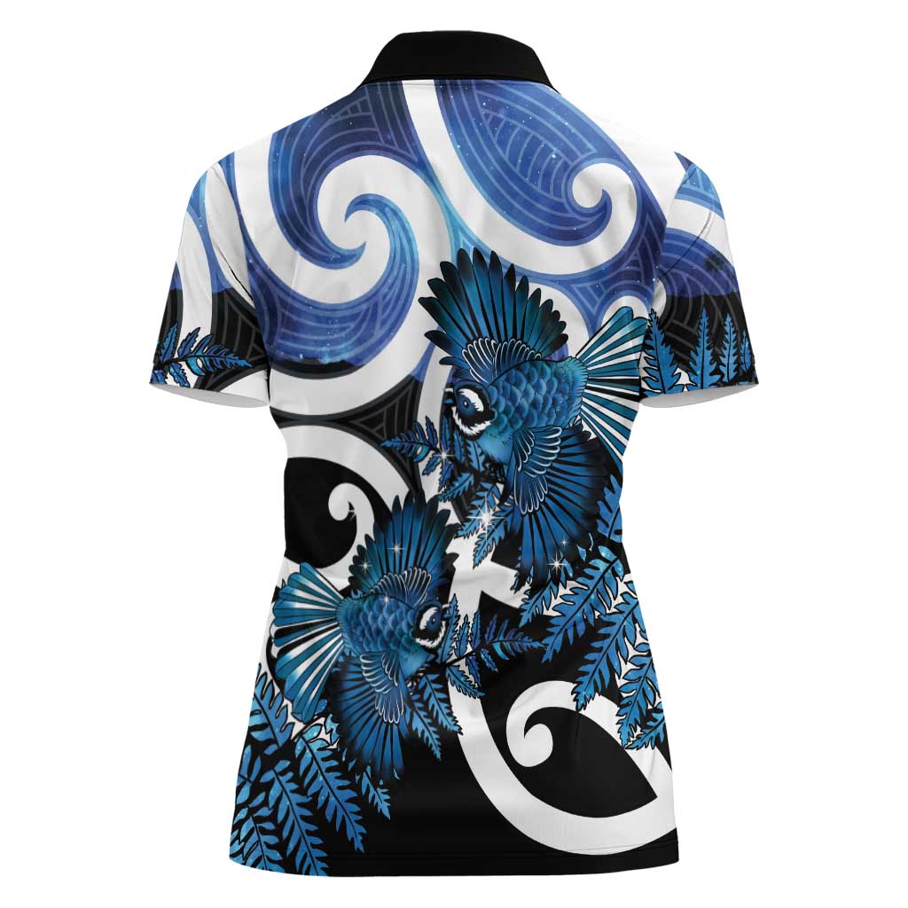 Piwakawaka New Zealand Matariki Women Polo Shirt Maori New Year Silver Fern Blue Galaxy