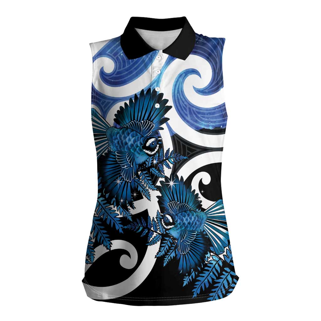 Piwakawaka New Zealand Matariki Women Sleeveless Polo Shirt Maori New Year Silver Fern Blue Galaxy