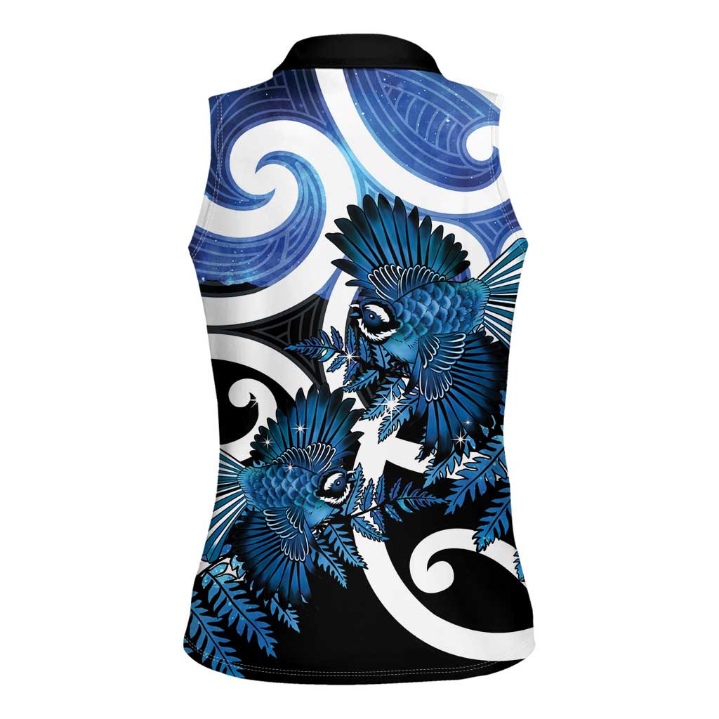 Piwakawaka New Zealand Matariki Women Sleeveless Polo Shirt Maori New Year Silver Fern Blue Galaxy