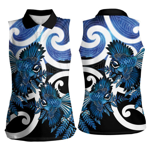 Piwakawaka New Zealand Matariki Women Sleeveless Polo Shirt Maori New Year Silver Fern Blue Galaxy