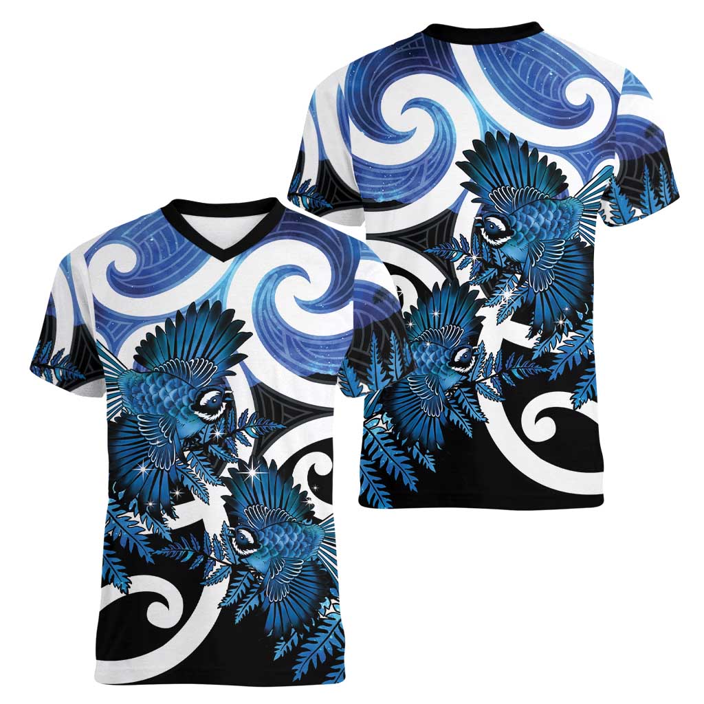 Piwakawaka New Zealand Matariki Women V-Neck T-Shirt Maori New Year Silver Fern Blue Galaxy
