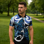 Piwakawaka New Zealand Matariki Zipper Polo Shirt Maori New Year Silver Fern Blue Galaxy