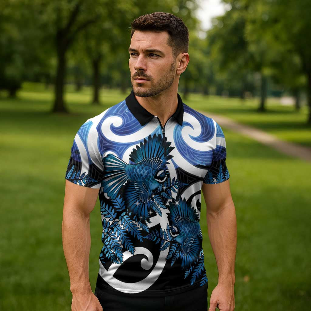 Piwakawaka New Zealand Matariki Zipper Polo Shirt Maori New Year Silver Fern Blue Galaxy