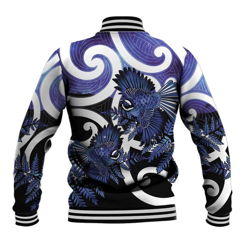 Piwakawaka New Zealand Matariki Baseball Jacket Maori New Year Silver Fern Purple Galaxy
