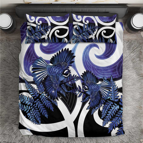 Piwakawaka New Zealand Matariki Bedding Set Maori New Year Silver Fern Purple Galaxy