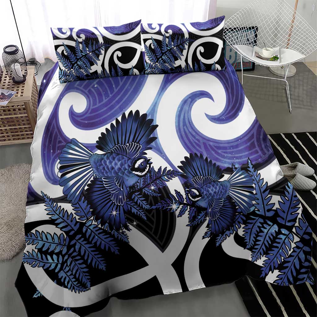 Piwakawaka New Zealand Matariki Bedding Set Maori New Year Silver Fern Purple Galaxy