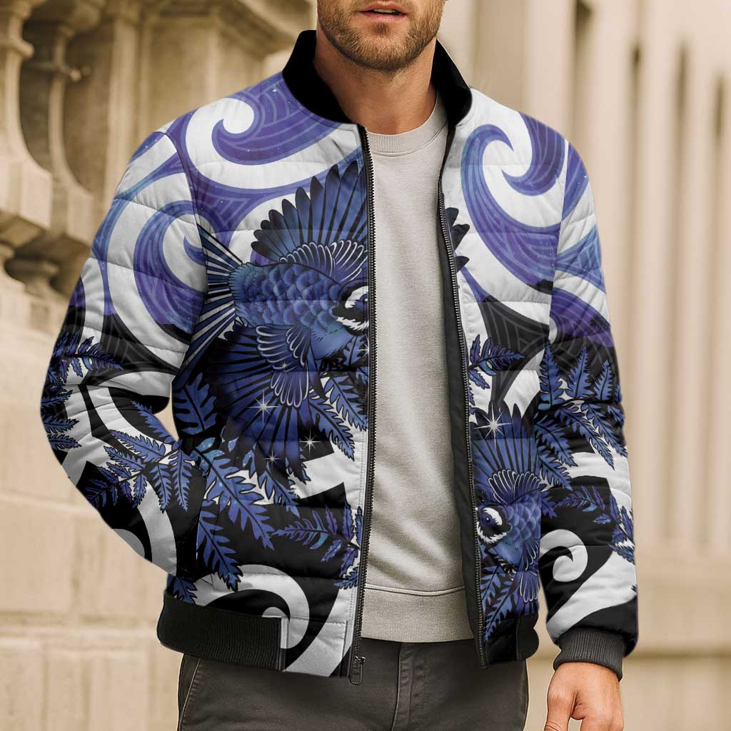 Piwakawaka New Zealand Matariki Bomber Puffer Jacket Maori New Year Silver Fern Purple Galaxy