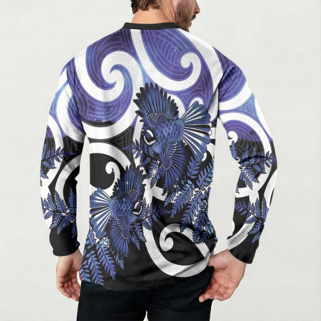 Piwakawaka New Zealand Matariki Button Sweatshirt Maori New Year Silver Fern Purple Galaxy