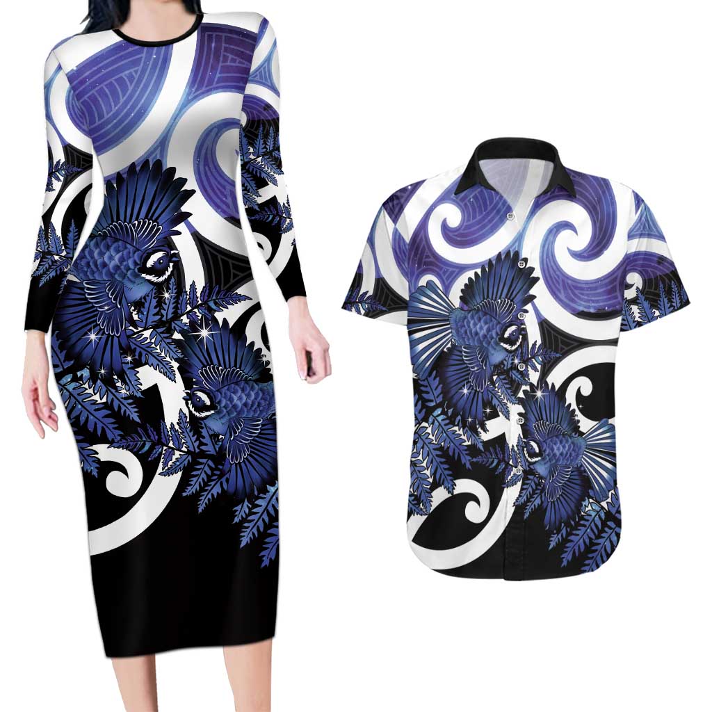 Piwakawaka New Zealand Matariki Couples Matching Long Sleeve Bodycon Dress and Hawaiian Shirt Maori New Year Silver Fern Purple Galaxy