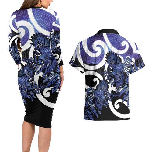 Piwakawaka New Zealand Matariki Couples Matching Long Sleeve Bodycon Dress and Hawaiian Shirt Maori New Year Silver Fern Purple Galaxy