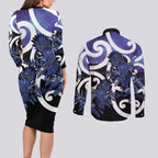 Piwakawaka New Zealand Matariki Couples Matching Long Sleeve Bodycon Dress and Long Sleeve Button Shirt Maori New Year Silver Fern Purple Galaxy