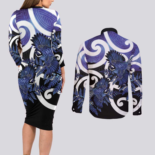Piwakawaka New Zealand Matariki Couples Matching Long Sleeve Bodycon Dress and Long Sleeve Button Shirt Maori New Year Silver Fern Purple Galaxy