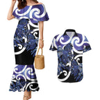 Piwakawaka New Zealand Matariki Couples Matching Mermaid Dress and Hawaiian Shirt Maori New Year Silver Fern Purple Galaxy