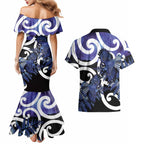 Piwakawaka New Zealand Matariki Couples Matching Mermaid Dress and Hawaiian Shirt Maori New Year Silver Fern Purple Galaxy