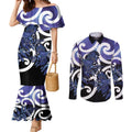 Piwakawaka New Zealand Matariki Couples Matching Mermaid Dress and Long Sleeve Button Shirt Maori New Year Silver Fern Purple Galaxy
