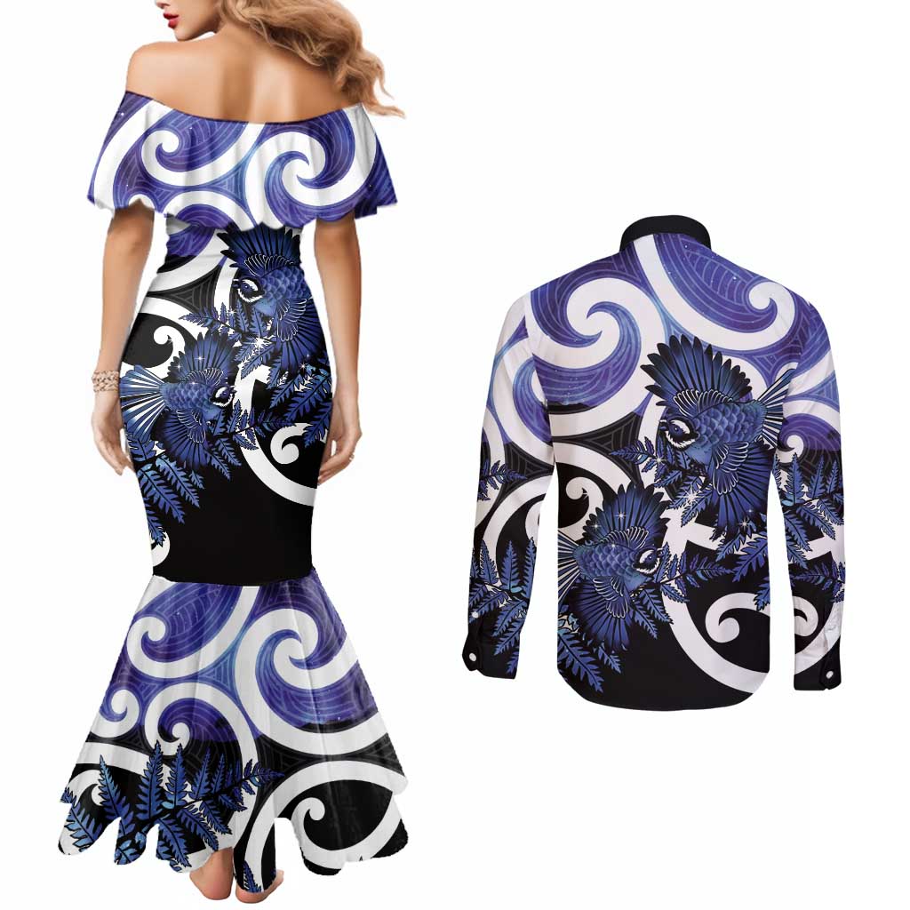 Piwakawaka New Zealand Matariki Couples Matching Mermaid Dress and Long Sleeve Button Shirt Maori New Year Silver Fern Purple Galaxy