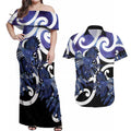Piwakawaka New Zealand Matariki Couples Matching Off Shoulder Maxi Dress and Hawaiian Shirt Maori New Year Silver Fern Purple Galaxy