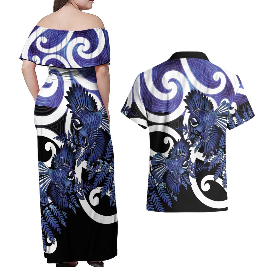 Piwakawaka New Zealand Matariki Couples Matching Off Shoulder Maxi Dress and Hawaiian Shirt Maori New Year Silver Fern Purple Galaxy