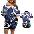 Piwakawaka New Zealand Matariki Couples Matching Off Shoulder Short Dress and Hawaiian Shirt Maori New Year Silver Fern Purple Galaxy