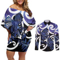 Piwakawaka New Zealand Matariki Couples Matching Off Shoulder Short Dress and Long Sleeve Button Shirt Maori New Year Silver Fern Purple Galaxy