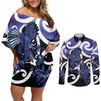 Piwakawaka New Zealand Matariki Couples Matching Off Shoulder Short Dress and Long Sleeve Button Shirt Maori New Year Silver Fern Purple Galaxy