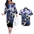 Piwakawaka New Zealand Matariki Couples Matching Off The Shoulder Long Sleeve Dress and Hawaiian Shirt Maori New Year Silver Fern Purple Galaxy
