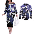 Piwakawaka New Zealand Matariki Couples Matching Off The Shoulder Long Sleeve Dress and Long Sleeve Button Shirt Maori New Year Silver Fern Purple Galaxy