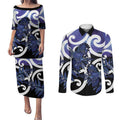 Piwakawaka New Zealand Matariki Couples Matching Puletasi and Long Sleeve Button Shirt Maori New Year Silver Fern Purple Galaxy