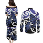 Piwakawaka New Zealand Matariki Couples Matching Puletasi and Long Sleeve Button Shirt Maori New Year Silver Fern Purple Galaxy