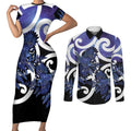 Piwakawaka New Zealand Matariki Couples Matching Short Sleeve Bodycon Dress and Long Sleeve Button Shirt Maori New Year Silver Fern Purple Galaxy